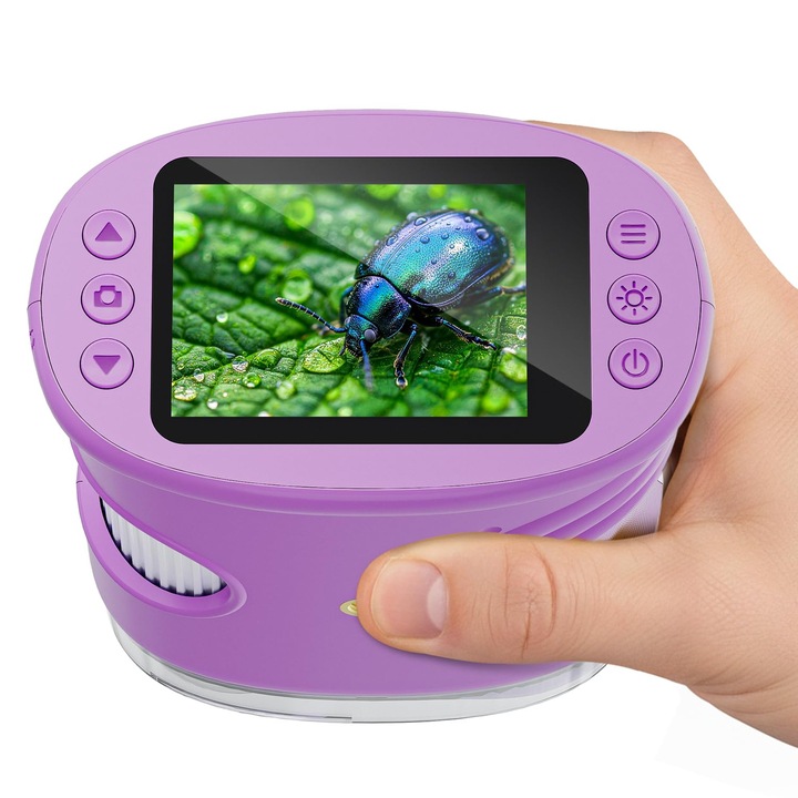 Microscop digital portabil Bedee 1000X, jucarie educationala de buzunar pentru stiinte STEM cu functie foto si video, cadou ideal de ziua de nastere si Craciun pentru copii cu varsta cuprinsa intre 3 si 12 ani, violet