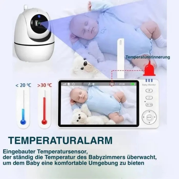 Bébiőr videóval, 2" LCD kijelző, kétirányú beszéd, éjjellátó, hőmérséklet, altatódalok