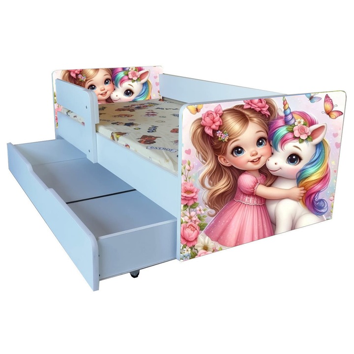 Pat copii Fetita cu unicorn cu sertar, 144x76 cm, cu saltea inclusa