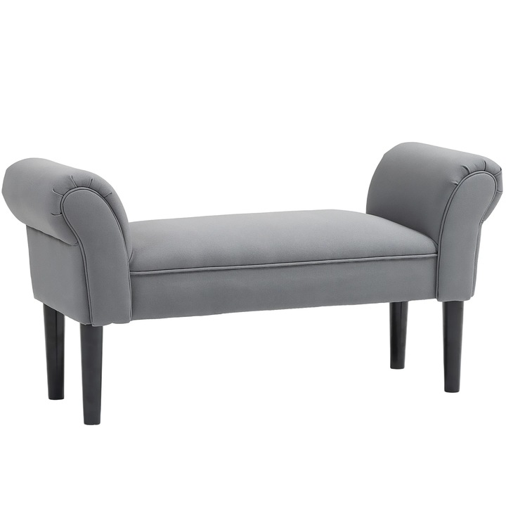 Banca de pat, Banca/Taburet tapitat, Material textil, Picioare din lemn, Cotiere, Sezut capitonat, Reglabila pe inaltime, Necesita asamblare, Gri inchis
