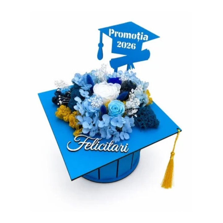 Aranjament floral absolvire Promotia 2026 in forma de toca albastra Graduate cu trandafiri criogenati, hortensii si licheni conservati, VELVE