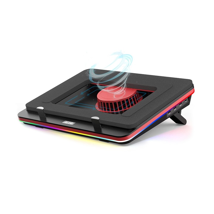 Cooler laptop Turbo NEXTLY, 5000 RPM, spuma etansare, viteza ajustabila, iluminare RGB, inaltime ajustabila, 3 x USB A, 1 x USB C, compatibil 13-17.3 inch, alimentator inclus, negru