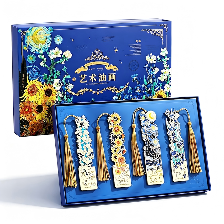 Set 4 Semne de Carte Metalice cu Picturi de Arta, Stil Van Gogh, Decorative si Durabile, in Cutie Cadou, pentru Scoala, Birou si Cadouri