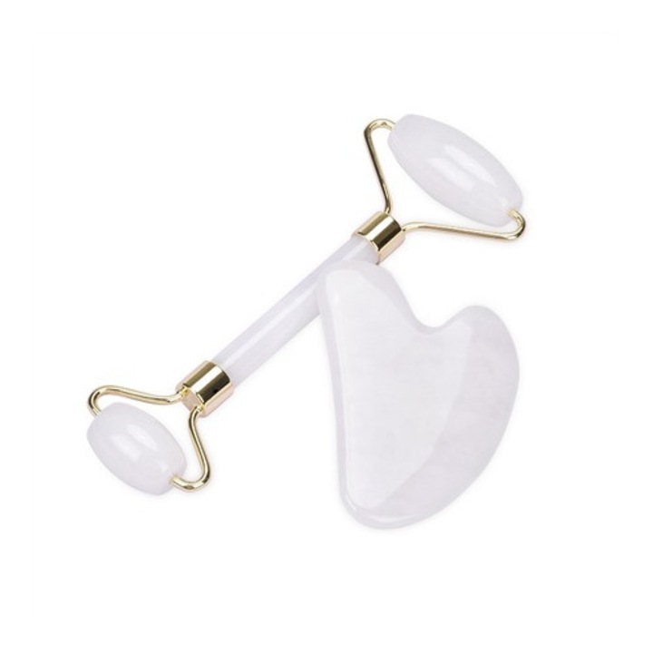 Roller Facial & Gua Sha – Set Ritual Masaj Facial Zilnic, Alb