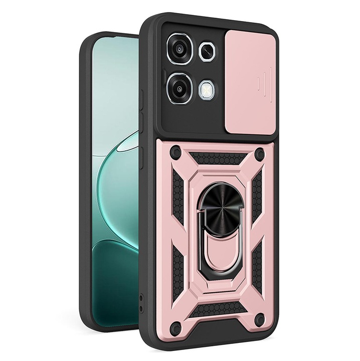 Калъф за Oppo A6 Pro 4G, 5G Ring Armor Kickstand Tough Rugged Cover с протектор за камера, розов