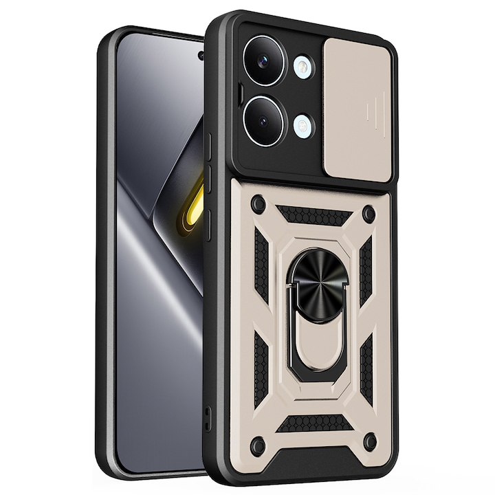 Husa pentru Xiaomi Poco X8 Pro Max Comari® CamGuard Ring, protectie camera ranforsata, inel suport stand landscape, compatibila prindere magnetica auto, Auriu