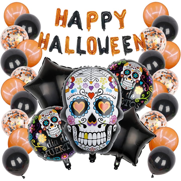 Halloween léggömb szett, 28 darabos, fekete-narancssárga, 48x65cm