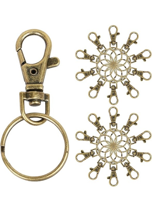 20 db forgatható karabiner kulcstartó, fém, antik arany, 37x16x4.3mm
