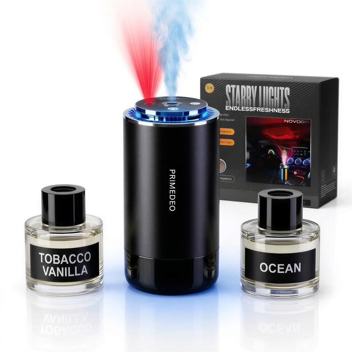 Odorizant Auto PRIMEDEO®️ Luxury Edition, Tobacco Vanilla&Ocean, Difuzor Aromaterapie Ultrasonic, Proiectie Stele, 4 Trepte Intensitate, Pornire Automata