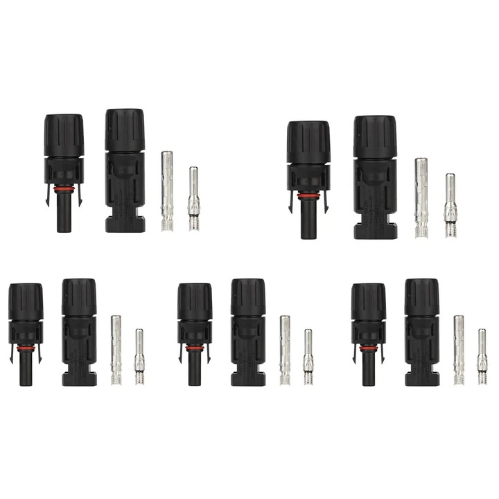 Комплект от 5 MC4 конектора за соларни панели, 30A, IP67 устойчивост, 2.5-6mm, черен