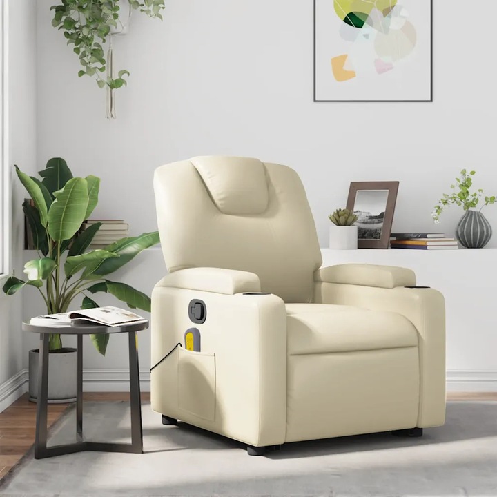 Fotoliu masaj VidaXL, crem, piele ecologica, reglabil, 110 kg, 135°