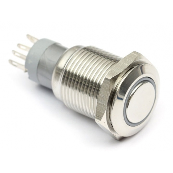 Vandálbiztos nyomógomb, monostabil, ezüst, fehér, 11.8mm, 12V