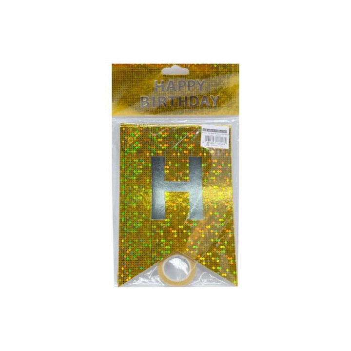 Ghirlanda petrecere Happy Birthday aurie holografica 11.5x16cm