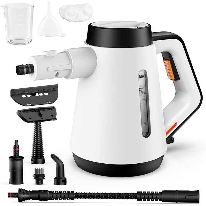 Fippesax aparat de curatat cu abur portabil, 400 ml, curatator cu presiune multifunctional, cu 9 accesorii, aparat de curatare cu abur fara substante chimice pentru uz casnic, pentru curatarea podelelor, gresiei, ferestrelor si canapelelor (alb)