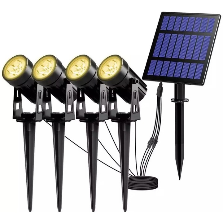 Set 4 proiectoare solare Luminor Light Cancun pentru iluminat la exterior cat si la interior, negru, IP65, panou solar de 6v/4.8W policristalin, acumulatori 3.7V/4000mAh