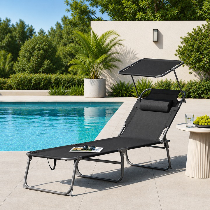 Sezlong Pliabil de Gradina / Plaja Sunny Day Talis cu Parasolar Reglabil, 4 Pozitii, Suport 150 kg, Negru, 193 x 53 x 29 cm
