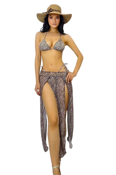 Set de plaja trei piese KIRABAY, pareo si costum de baie cu snur, Bej deschis