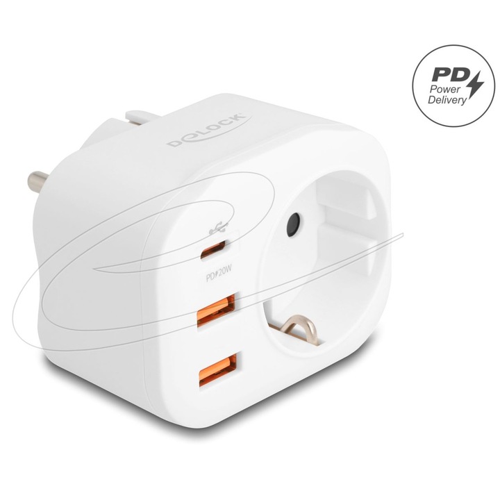 Priza DeLock cu protectie copii si incarcator USB PD 20W, alb