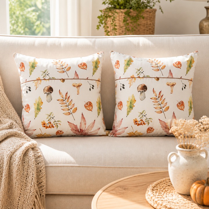 Pachet 2 perne decor Kotonia Home - 50x50 cm, creton impermeabil 100% bumbac, cu umplutura puf siliconizat, imprimeu frunze