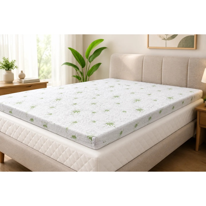 Topper Saltea Memory Aloe Vera, NufJoy®, 180x200 cm, 5 cm grosime, Spuma cu memorie, Husa cu Aloe Vera matlasata. cu fermoar, detasabila si lavabila