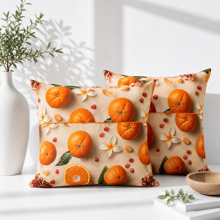 Kotonia Home 2 db díszpárna csomag - 50x50 cm, 100% pamut vízálló kreton, szilikonizált pehely töltettel, narancs és frangipani mintával