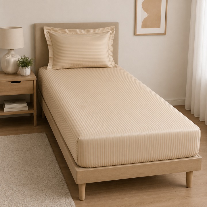 Gumírozott lepedő és párnahuzat szett - Kotonia Home Deco, 100% pamut, szatén damaszt, 100x200+20 cm, Cappuccino