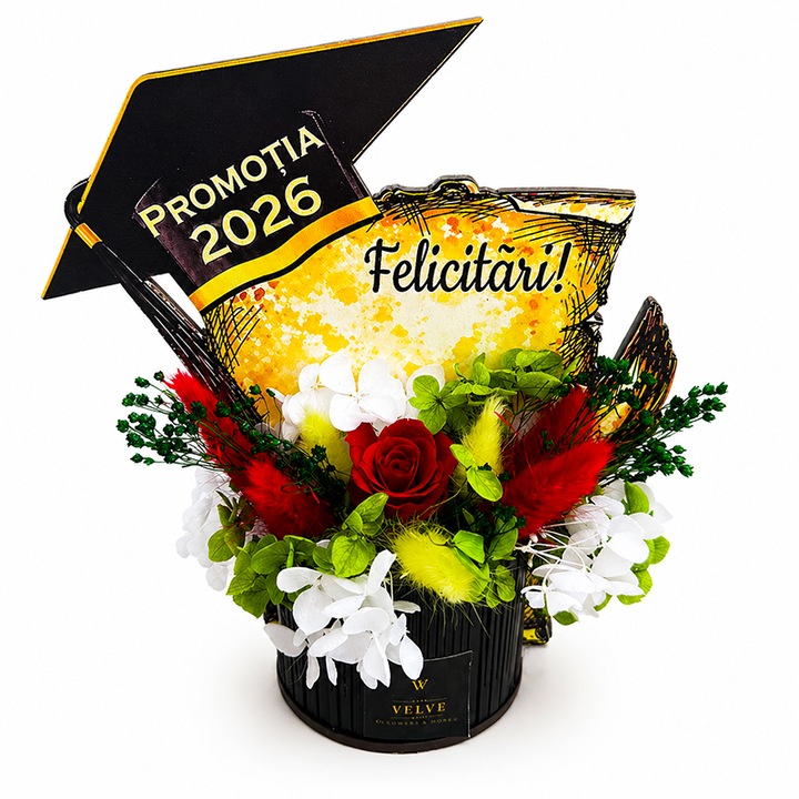 Aranjament floral absolvire Promotia 2026, tip trofeu cu flori criogenate, VELVE