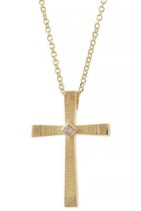 Colier cruce baptistica aur 14K cu zirconiu alb si lant aur 9K, design geometric
