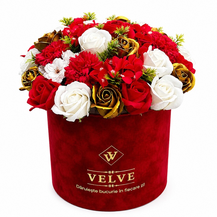 Aranjament floral premium in cutie de catifea rosie, cu trandafiri de sapun, garoafe si flori de cires VELVE