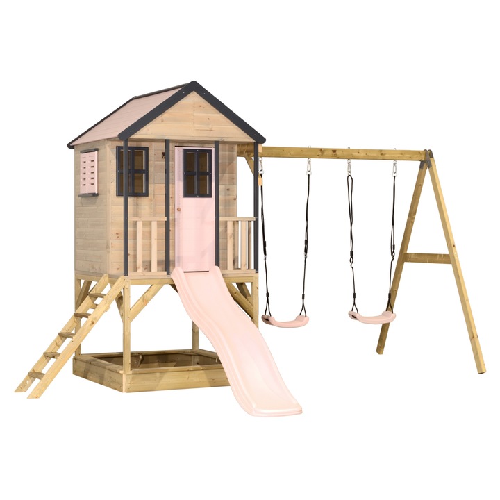Casuta de gradina Pastel Pink Adventure Cottage cu platforma, tobogan si leagan dublu, M60PP, Wendi Toys