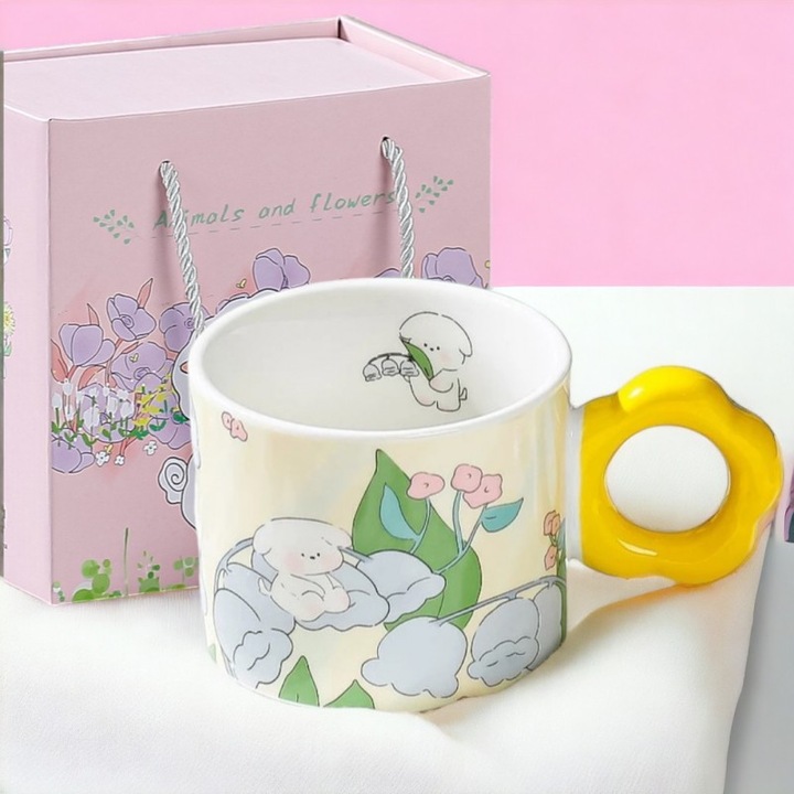 Kerámia bögre kanállal, 280 ml, sárga, 8,5x7 cm, ajándék szett