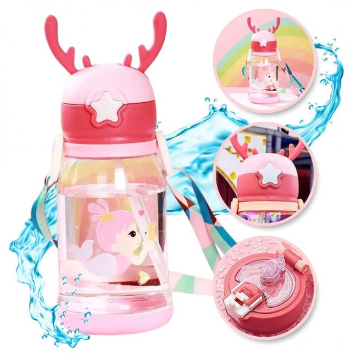 Bidon apa 600ml roz cu pai si snur 19x8.5cm plastic
