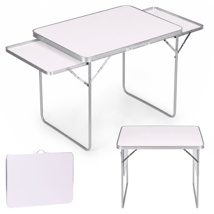 Masa camping MultiGarden pliabila alba 123.5x60x65cm cu 2 polite