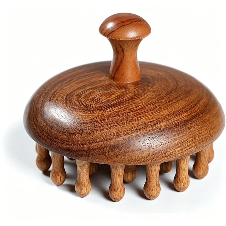 Aparat de masaj pentru cap, BOMSTOM, din lemn, Stimularea cresterii parului, Anti-cadere, Imbunatatirea circulatiei la nivelul scalpului, Tonic capilar, Design curbat, mai potrivit pentru scalp, Culoare lemn