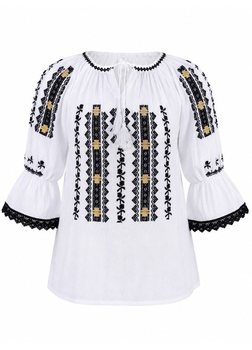 Ie Dama, Maneca 3/4 Clepsidra, Bordura Dantela, Broderie Negru-Bej, Bumbac, Model Traditional