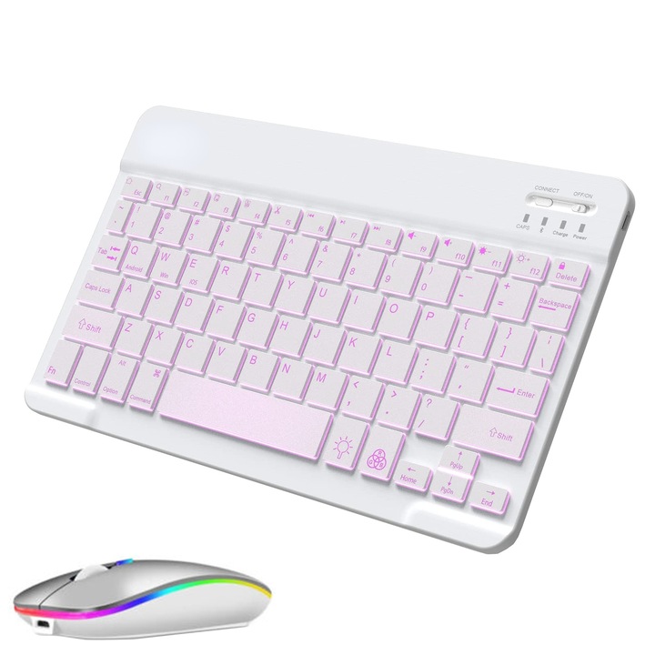 Комплект клавиатура и мишка, TLXT, Bluetooth, RGB, бял, 300гр, 80ч автономност