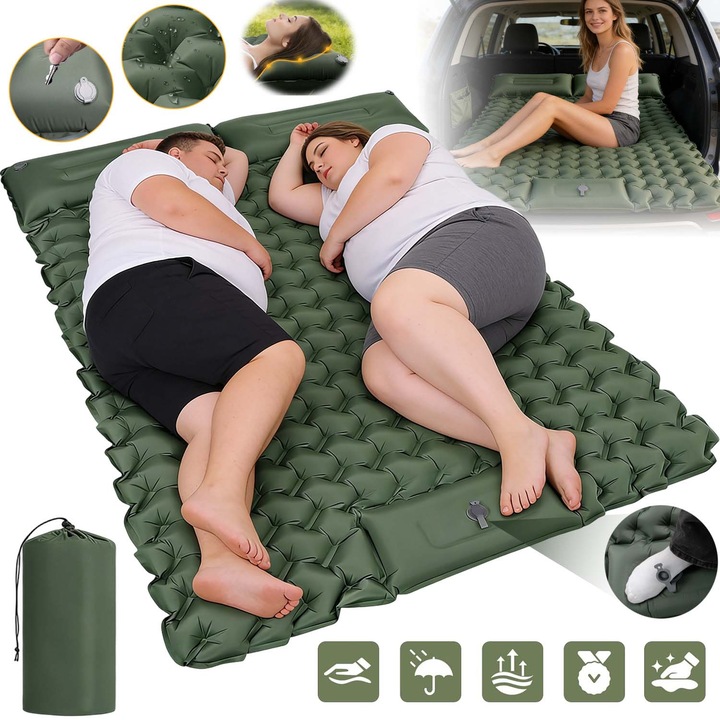 Dupla felfújható matrac, Kemping matrac, párnával, beépített légszivattyúval és tárolótáskával.Szakadásálló, vízálló, szivárgásmentes, Ergonómia, Kényelem.Strandokon, teraszokon, autókban, túrázáshoz használható.Nylon/TPU, 195x120cm