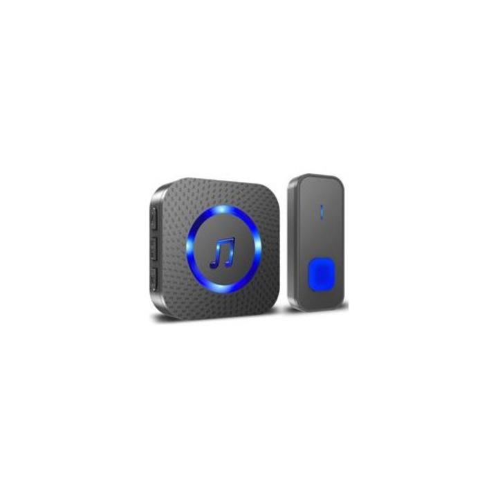 Sonerie wireless rezistenta la apa IP55, 400m, 55 melodii, volum reglabil, LED albastru, 12x6cm