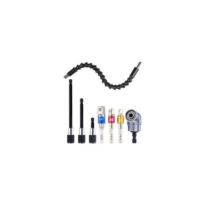 Set accesorii burghiu si surubelnita 1/4 inch, unghi 105°, extensii 60x100x150mm, flexibil 29cm