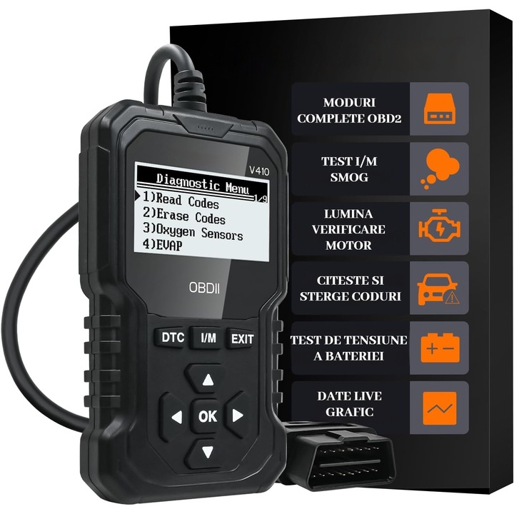 Autódiagnosztikai teszter V410, univerzális OBD II, hibakódok olvasása és törlése, tiszta LCD kijelző, 8 nyelvű menü, kompakt és hordozható, kompatibilis az 1996 utáni összes járművel, autószerviz és gyors ellenőrzések, OUYLAF, fekete