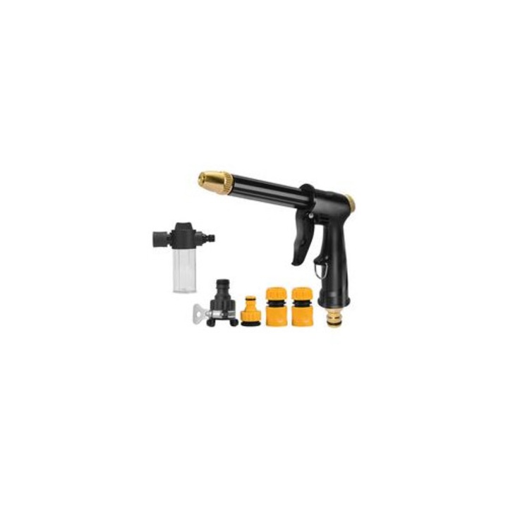 Pistol de apa presiune, lung, aluminiu, negru, 18x15x3.5cm, set cu 4 garnituri si recipient spuma