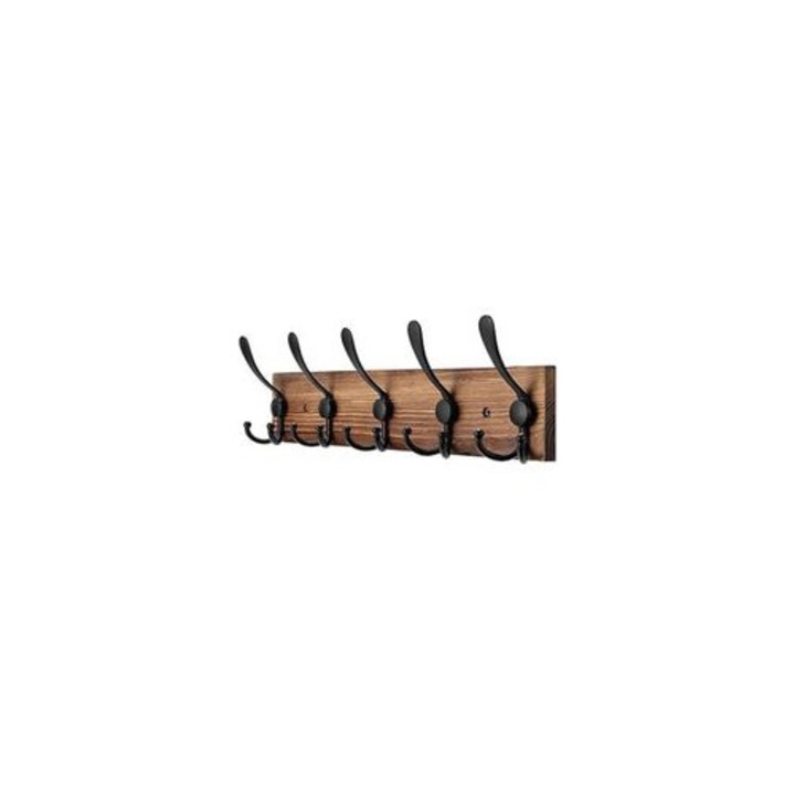 Cuier de perete din lemn, 5 carlige triple, negru, 43x7.9cm
