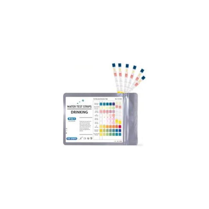 Kit test apa acvariu 9 in 1, 100 benzi test, tub plastic, termometru, multicolor
