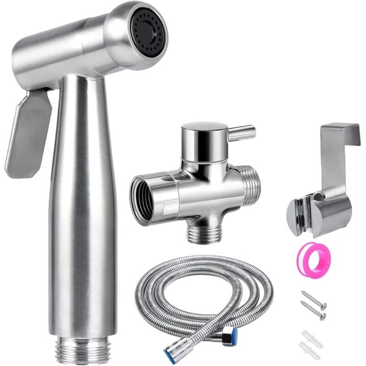 Kit bidet toaleta complet, inox, argintiu, furtun 1.5m, conexiune 1/2-3/8 inch