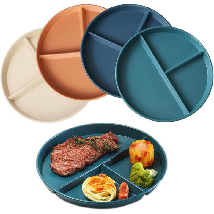 Set 4 farfurii 22cm, compartimentate, multicolor, PP alimentar, rezistente