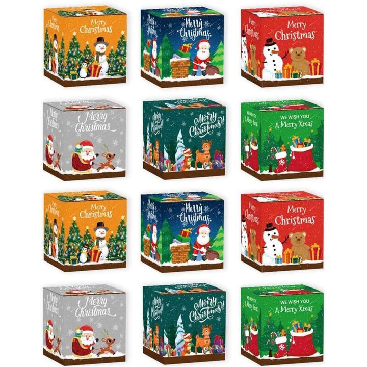 Set 12 cutii carton Craciun, modele festive, 7x7x7cm, multicolor