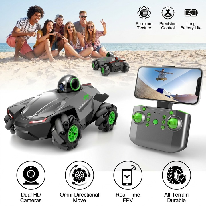 Excitat® távirányítós autó, Lunar Explorer, RC robot HD WiFi FPV kamerával, 2.4G távirányító, mecanum kerekek, oldalirányú és ferde drift, 360°-os forgás, szürke-fekete/zöld