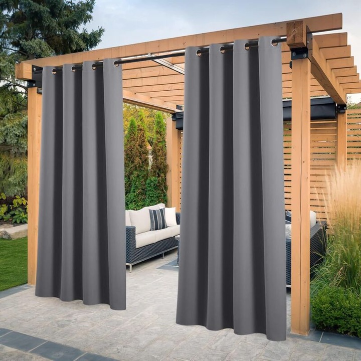 Perdea Pergola - Комплект от 2 външни, изолирани, затъмняващи, блокиращи светлината, водоустойчиви завеси за вътрешна/външна градинска декорация с капси, Ш 132 x В 213 см, Сив