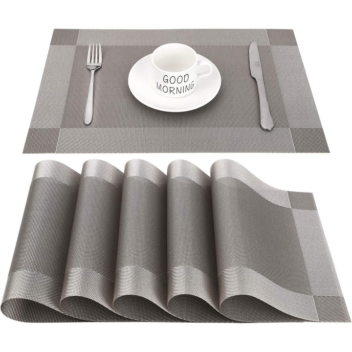 Set de 6 servetele dreptunghiulare din PVC, antiderapante, lavabile si rezistente la caldura pentru bucatarie sau sufragerie, 45 x 30 cm (gri + argintiu)