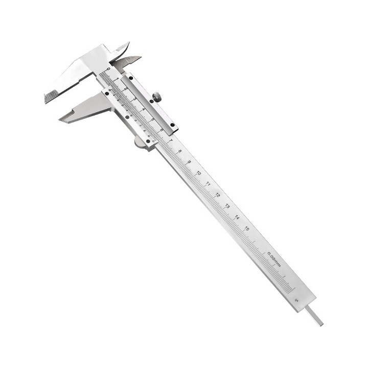 Professzionális rozsdamentes acél tolómérő, Ultrixe, Precíz mérés, Mérési tartomány 0-150 mm, Pontosság 0.02 mm, Belső, külső, mélységi és lépcsős mérésekhez, Ezüst